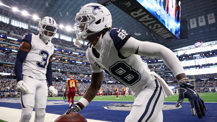 Dallas Cowboys wide receiver Ceedee Lamb celebrates after scoring a touchdown against the Washington Commanders.