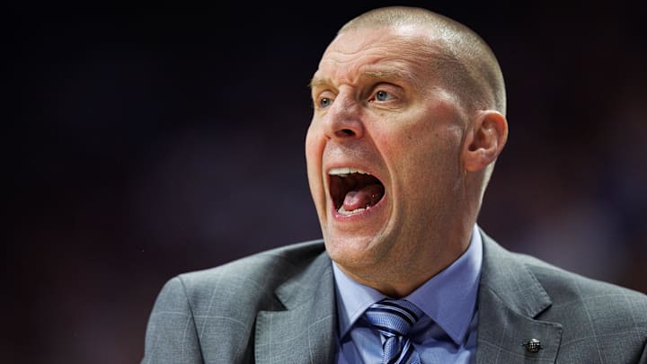 Feb 28, 2026; Lexington, Kentucky, USA; Kentucky Wildcats head coach Mark Pope yells to his players during the first half against the Vanderbilt Commodores at Rupp Arena at Central Bank Center. Mandatory Credit: Jordan Prather-Imagn Images