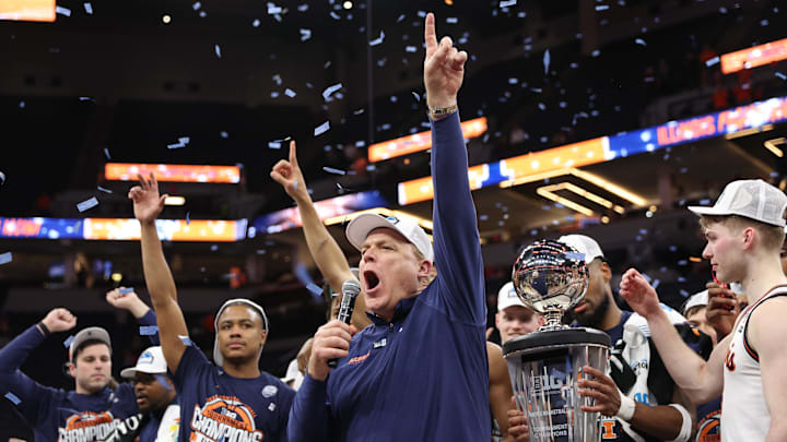 Mar 17, 2024; Minneapolis, MN, USA; Illinois Fighting Illini  head coach  Brad Underwood celebrates