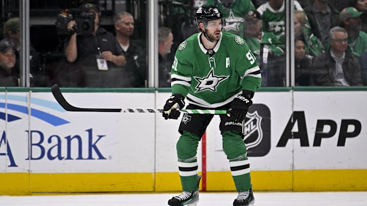 Nov 20, 2024; Dallas, Texas, USA; Dallas Stars center Tyler Seguin (91) in action during the game between the Dallas Stars and the San Jose Sharks at the American Airlines Center. Mandatory Credit: Jerome Miron-Imagn Images