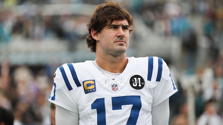 Dec 7, 2025; Jacksonville, Florida, USA; Indianapolis Colts quarterback Daniel Jones (17) stands on the field prior to a game against the Jacksonville Jaguars at EverBank Stadium. Mandatory Credit: Matt Pendleton-Imagn Images