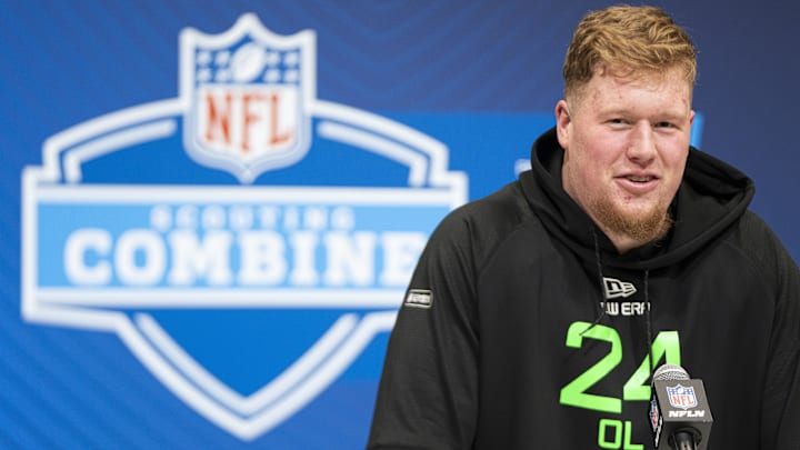 Mar 1, 2025; Indianapolis, IN, USA; University of Connecticut offensive lineman Chase Lundt (OL24) answers questions at a press conference during the 2025 NFL Combine at Indiana Convention Center. Mandatory Credit: Jacob Musselman-Imagn Images