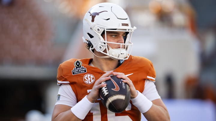 Dec 21, 2024; Austin, Texas, USA; Texas Longhorns quarterback Arch Manning (16) against the Clemson Tigers during the CFP National playoff first round at Darrell K Royal-Texas Memorial Stadium. Mandatory Credit: Mark J. Rebilas-Imagn Images