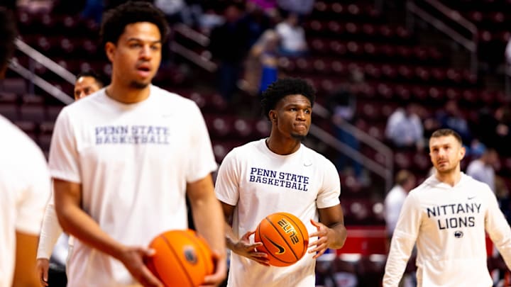 The Penn State Nittany Lions men's basketball team warms up ahead of their game against Pittsburgh inside the Giant Center in Hershey, Pa., on Dec. 21, 2025.