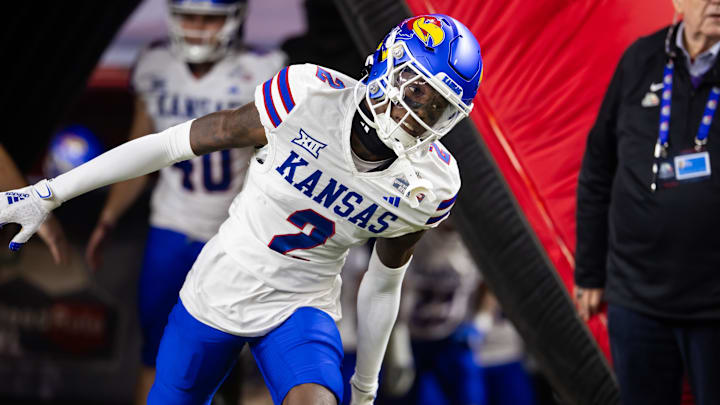 Dec 26, 2023; Phoenix, AZ, USA; Kansas Jayhawks cornerback Cobee Bryant (2) against the UNLV Rebels in the Guaranteed Rate Bowl at Chase Field. Mandatory Credit: Mark J. Rebilas-USA TODAY Sports