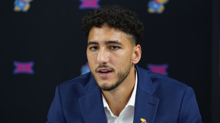 Jul 9, 2025; Frisco, TX, USA; Kansas defensive end Dean Miller speaks with the media during 2025 Big 12 Football Media Days at The Star. Mandatory Credit: Raymond Carlin III-Imagn Images