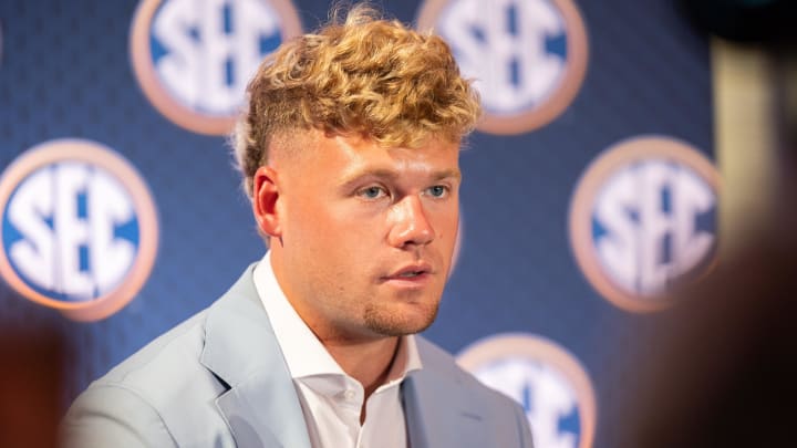 Jul 17, 2024; Dallas, TX, USA; Mississippi State quarterback Blake Shapen speaking at Omni Dallas Hotel. Mandatory Credit: Brett Patzke-USA TODAY Sports