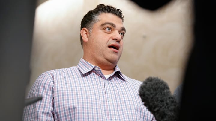 Nov 8, 2022; Las Vegas, NV, USA; Los Angeles Angels general manager Perry Minasian answers questions to the media during the MLB GM Meetings at The Conrad Las Vegas. Mandatory Credit: Lucas Peltier-Imagn Images Nov 8, 2022; Las Vegas, NV, USA; Los Angeles Angels general manager Perry Minasian answers questions to the media during the MLB GM Meetings at The Conrad Las Vegas. Mandatory Credit: Lucas Peltier-Imagn Images