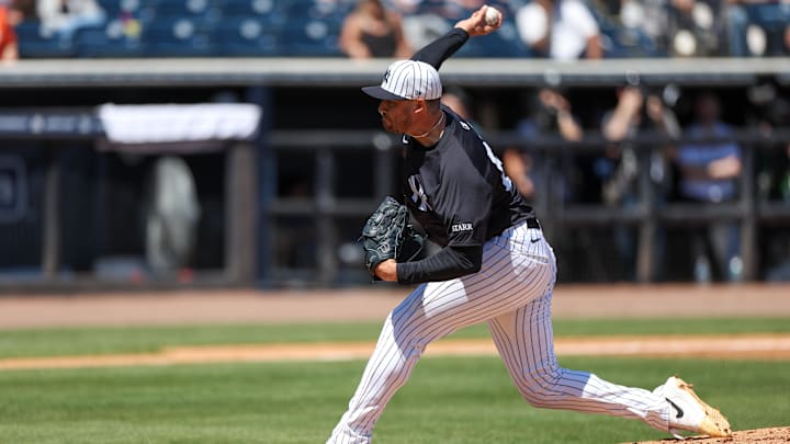 Mar 11, 2025; Tampa, Florida, USA; New York Yankees pitcher Geoff Hartlieb (64) throws a pitch against the Baltimore Orioles in the third inning during spring training at George M. Steinbrenner Field. Mandatory Credit: Nathan Ray Seebeck-Imagn Images Mar 11, 2025; Tampa, Florida, USA; New York Yankees pitcher Geoff Hartlieb (64) throws a pitch against the Baltimore Orioles in the third inning during spring training at George M. Steinbrenner Field. Mandatory Credit: Nathan Ray Seebeck-Imagn Images