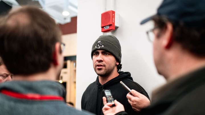 Boston Red Sox prospect Marcelo Mayer talks with reporters during the Red Sox Development Program inside the Sox clubhouse at Fenway Park on Wednesday.