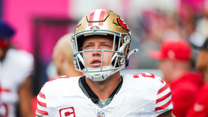 Sep 7, 2025; Seattle, Washington, USA; San Francisco 49ers running back Christian McCaffrey (23) stands on the sideline during the first quarter against the Seattle Seahawks at Lumen Field. Mandatory Credit: Joe Nicholson-Imagn Images Sep 7, 2025; Seattle, Washington, USA; San Francisco 49ers running back Christian McCaffrey (23) stands on the sideline during the first quarter against the Seattle Seahawks at Lumen Field. Mandatory Credit: Joe Nicholson-Imagn Images
