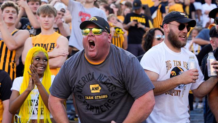 Iowa Hawkeyes fans cheer during a football game against the Indiana Hoosiers Sept. 27, 2025 at Kinnick Stadium in Iowa City, Iowa. Iowa Hawkeyes fans cheer during a football game against the Indiana Hoosiers Sept. 27, 2025 at Kinnick Stadium in Iowa City, Iowa.