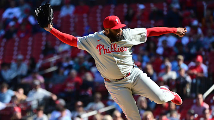 Apr 12, 2025; St. Louis, Missouri, USA; Philadelphia Phillies pitcher Jose Alvarado (46) follows through on his delivery as he throws in relief in the ninth inning against the St. Louis Cardinals at Busch Stadium. Mandatory Credit: Tim Vizer-Imagn Images Apr 12, 2025; St. Louis, Missouri, USA; Philadelphia Phillies pitcher Jose Alvarado (46) follows through on his delivery as he throws in relief in the ninth inning against the St. Louis Cardinals at Busch Stadium. Mandatory Credit: Tim Vizer-Imagn Images