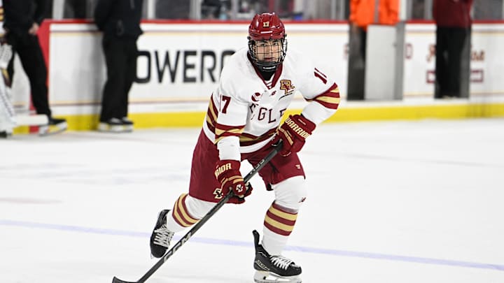 Feb 28, 2025; Chestnut Hill, MA, USA; Boston College defenseman Aram Minnetian (17) warms up before a game against the University of New Hampshire Wildcats at Conte Forum. Mandatory Credit: Eric Canha-Imagn Images Feb 28, 2025; Chestnut Hill, MA, USA; Boston College defenseman Aram Minnetian (17) warms up before a game against the University of New Hampshire Wildcats at Conte Forum. Mandatory Credit: Eric Canha-Imagn Images