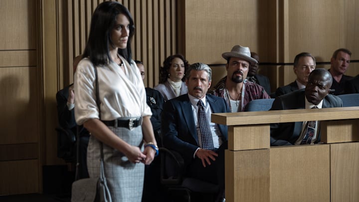 L-R: Carlye Tamaren as Brandi Silvera, Patrick Dempsey as Captain Aaron Spencer, James Martinez as Batista and Reno Wilson as Bobby in Dexter: Original Sin episode 5, season 1
