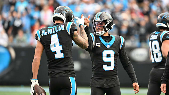 Dec 21, 2025; Charlotte, North Carolina, USA; Carolina Panthers wide receiver Tetairoa McMillan (4) celebrates with quarterback Bryce Young (9) after scoring a touchdown in the second quarter at Bank of America Stadium. Mandatory Credit: Bob Donnan-Imagn Images Dec 21, 2025; Charlotte, North Carolina, USA; Carolina Panthers wide receiver Tetairoa McMillan (4) celebrates with quarterback Bryce Young (9) after scoring a touchdown in the second quarter at Bank of America Stadium. Mandatory Credit: Bob Donnan-Imagn Images