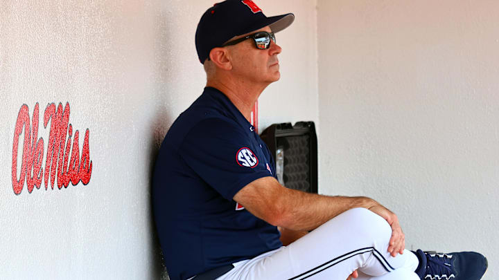 May 31, 2025; Oxford, MS, USA; Mississippi Rebels head coach Mike Bianco looks on during warm ups prior to the game against the Western Kentucky Hilltoppers. Mandatory Credit: Petre Thomas-Imagn Images