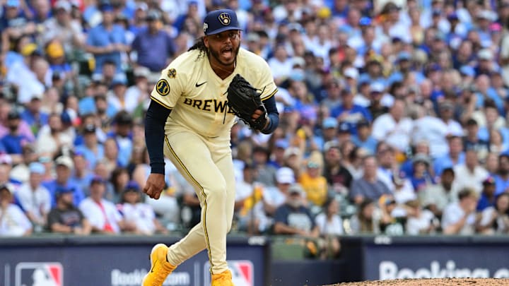 Oct 4, 2025; Milwaukee, Wisconsin, USA; Milwaukee Brewers starting pitcher Freddy Peralta (51) reacts after striking out Chicago Cubs second baseman Nico Hoerner (not pictured) during the fifth inning of game one of the NLDS round for the 2025 MLB playoffs at American Family Field. Mandatory Credit: Benny Sieu-Imagn Images Oct 4, 2025; Milwaukee, Wisconsin, USA; Milwaukee Brewers starting pitcher Freddy Peralta (51) reacts after striking out Chicago Cubs second baseman Nico Hoerner (not pictured) during the fifth inning of game one of the NLDS round for the 2025 MLB playoffs at American Family Field. Mandatory Credit: Benny Sieu-Imagn Images