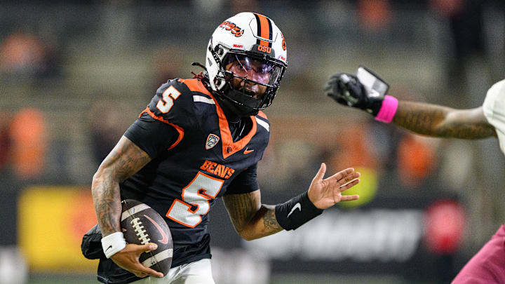 Oct 18, 2025; Corvallis, Oregon, USA; Oregon State Beavers quarterback Gabarri Johnson (5) runs the ball during the third quarter against the Lafayette Leopards at Reser Stadium. Mandatory Credit: Craig Strobeck-Imagn Images