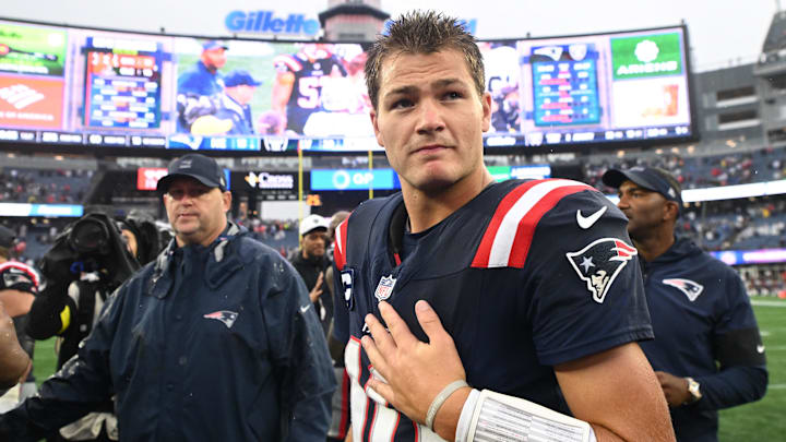 England Patriots quarterback Drake Maye (10) reacts after the game at Gillette Stadium. England Patriots quarterback Drake Maye (10) reacts after the game at Gillette Stadium.