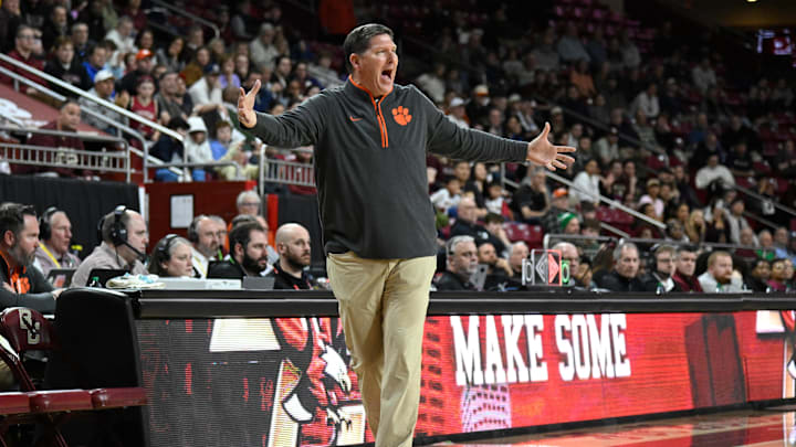 Mar 5, 2025; Chestnut Hill, Massachusetts, USA; Clemson Tigers head coach Brad Brownell reacts to game action during the second half against the Boston College Eagles at Conte Forum. Mandatory Credit: Eric Canha-Imagn Images