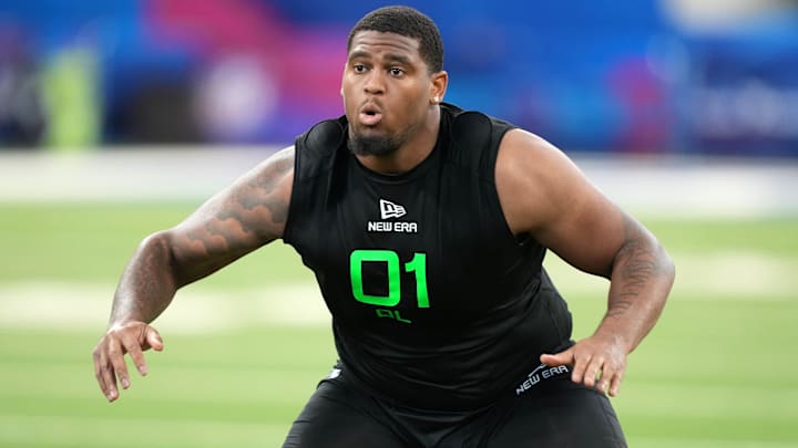 Texas offensive lineman Kelvin Banks (OL01) during the 2025 NFL Combine at Lucas Oil Stadium. Texas offensive lineman Kelvin Banks (OL01) during the 2025 NFL Combine at Lucas Oil Stadium.
