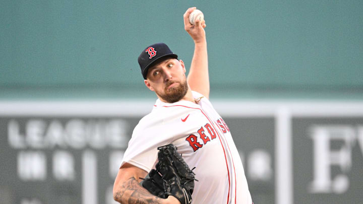 Sep 2, 2025; Boston, Massachusetts, USA;  Boston Red Sox starting pitcher Garrett Crochet (35) pitches against the Cleveland Guardians during the first inning at Fenway Park. Mandatory Credit: Eric Canha-Imagn Images