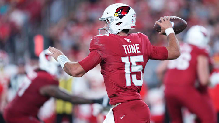 Aug 19, 2023; Glendale, Arizona, USA; Arizona Cardinals quarterback Clayton Tune (15) throws a pass