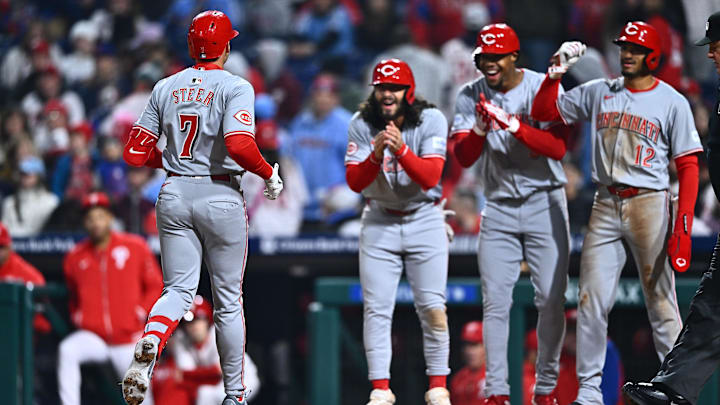 Apr 1, 2024; Philadelphia, Pennsylvania, USA; Cincinnati Reds outfielder Spencer Steer (7)