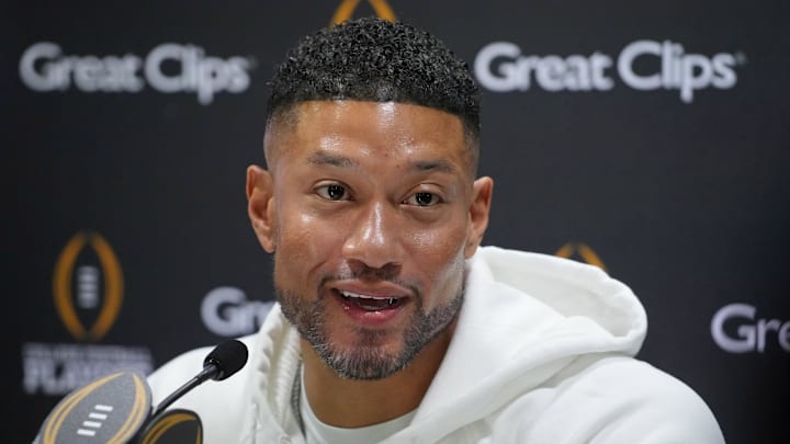Jan 18, 2025; Atlanta, GA, USA; Notre Dame Fighting Irish head coach Marcus Freeman talks to the media during 2025 CFP National Championship Media Day at Georgia World Congress Center, Building A. 