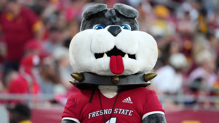 Sep 4, 2026; Los Angeles, California, USA; Fresno State Bulldogs mascot Timeout in the first half of the game between the Southern California Trojans and the Fresno State Bulldogs at United Airlines Field at Los Angeles Memorial Coliseum. Mandatory Credit: Kirby Lee-Imagn Images