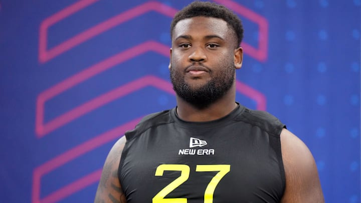 Feb 27, 2025; Indianapolis, IN, USA; Mississippi defensive lineman J.J. Pegues (DL27) looks on during the 2025 NFL Combine at Lucas Oil Stadium. Mandatory Credit: Kirby Lee-Imagn Images
