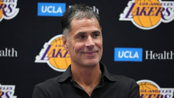 Sep 25, 2024; El Segundo, CA, USA; Los Angeles Lakers general manager Rob Pelinka at press conference at UCLA Health Training Center. Mandatory Credit: Kirby Lee-Imagn Images