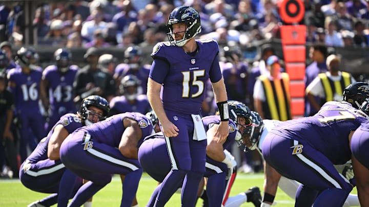 Oct 5, 2025; Baltimore, Maryland, USA; Baltimore Ravens quarterback Cooper Rush (15) directs a play during the first quarter against the Houston Texans at M&T Bank Stadium. Mandatory Credit: Rafael Suanes-Imagn Images