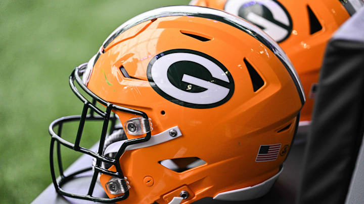 A Green Bay Packers helmet sits ready before the game against the Minnesota Vikings at U.S. Bank Stadium. 