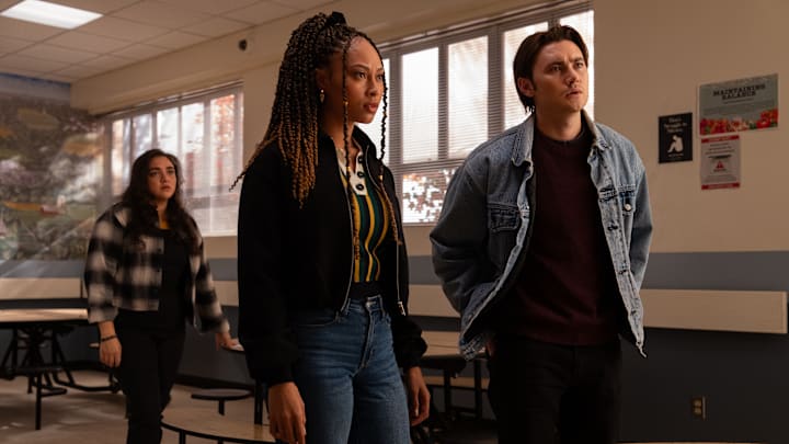 L-R: Kiara Pichardo as Nicole Herrera, Rainbow Wedell as Claire Zomer and Spencer Macpherson as Xavier Baxter in School Spirits, Season 3, streaming on Paramount+, 2026. Photo Credit: Ed Araquel/Paramount+.