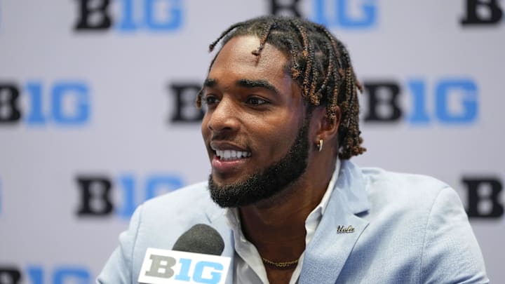 Jul 24, 2025; Las Vegas, NV, USA; UCLA defensive back JonJon Vaughns speaks to the media during the Big Ten NCAA college football media days at Mandalay Bay Resort. Mandatory Credit: Lucas Peltier-Imagn Images