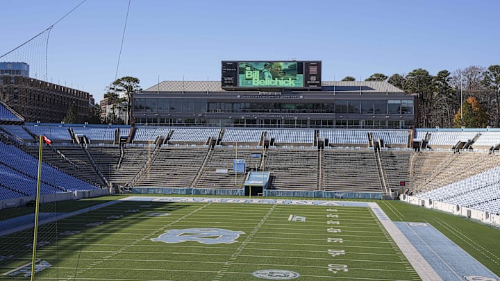 Dec 12, 2024; Chapel Hill, NC, USA;  Monitors with signage in Kenan Stadium announcing the hiring of North Carolina Tar Heels new head coach Bill Belichick at Loudermilk Center for Excellence. Mandatory Credit: Jim Dedmon-Imagn Images