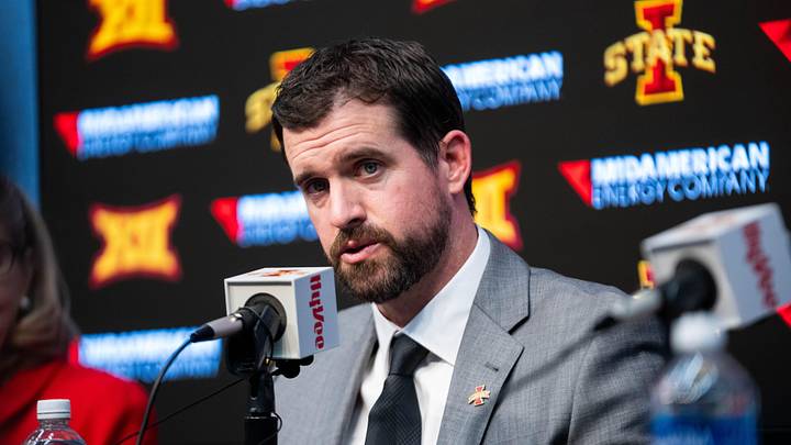 Jimmy Rogers speaks during his introductory press conference as Iowa State’s new head football coach on Dec. 8, 2025, at Iowa State University in Ames, IA. Jimmy Rogers speaks during his introductory press conference as Iowa State’s new head football coach on Dec. 8, 2025, at Iowa State University in Ames, IA.