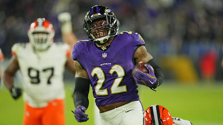 Jan 4, 2025; Baltimore, Maryland, USA; Baltimore Ravens running back Derrick Henry (22) runs for a touchdown during the fourth quarter against the Cleveland Browns at M&T Bank Stadium. Mandatory Credit: Mitch Stringer-Imagn Images