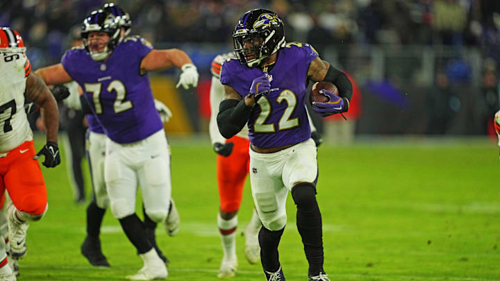Baltimore Ravens running back Derrick Henry runs for a touchdown during the fourth quarter against the Cleveland Browns.