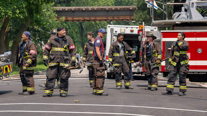 CHICAGO FIRE -- "Kicking Down Doors" Episode 1401 -- Pictured: (l-r) Anthony Ferraris as Tony Ferraris, Joe Minoso as Joe Cruz, Brandon Larracuente as Sal Vasquez, Taylor Kinney as Kelly Severide, Daniel Kyri as Darren Ritter, David Eigenberg as Christopher Herrmann, Miranda Rae Mayo as Stella Kidd -- (Photo by: Peter Gordon/NBC)