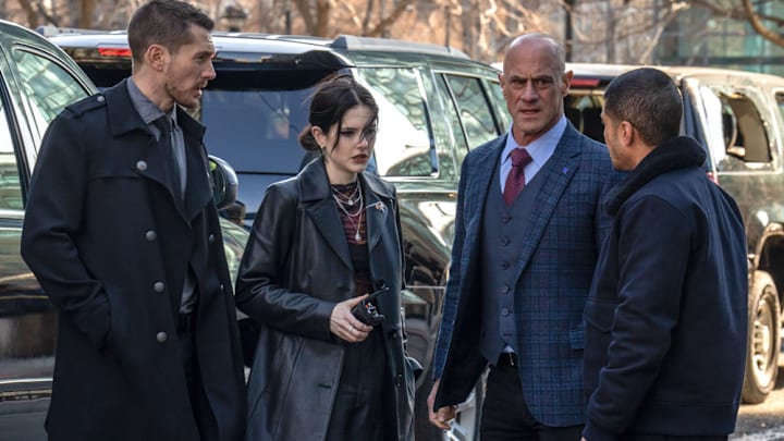 LAW & ORDER: ORGANIZED CRIME -- "A Diplomatic Solution" Episode 319 -- Pictured: (l-r) Brent Antonello as Detective Jamie Whelan, Ainsley Seiger as Detective Jet Slootmaekers, Christopher Meloni as Detective Elliot Stabler, Rick Gonzalez as Detective Bobby Reyes -- (Photo by: Zach Dilgard/NBC)