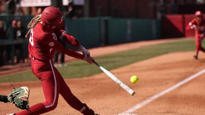 Alabama Softball Player Abby Duchscherer (10) hits the ball against UAB at Rhoads Stadium in Tuscaloosa, AL on Sunday, Mar 2, 2025.