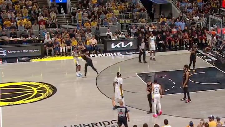 Cleveland Cavaliers forward De'Andre Hunter shoves Indiana Pacers guard Bennedict Mathurin in the first quarter of Game 4.