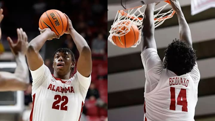 Alabama Basketball Forward Aiden Sherrell (22) and Center Charles Bediako (14) vs. Tennessee