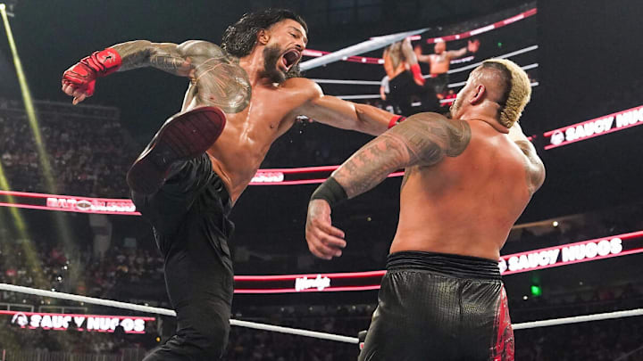 Roman Reigns (left) superman punches Solo Sikoa (right) at WWE Bad Blood. Roman Reigns (left) superman punches Solo Sikoa (right) at WWE Bad Blood.