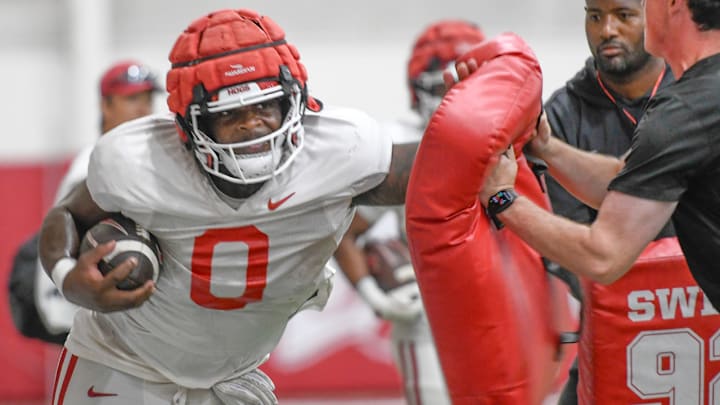 Arkansas Razorbacks running back Braylen Russell going through preseason practice drills at the indoor workout facility in Fayetteville, Ark. Arkansas Razorbacks running back Braylen Russell going through preseason practice drills at the indoor workout facility in Fayetteville, Ark.