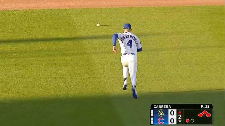 Pete Crow-Armstrong chases a ball that got past him and resulted in three runs. Pete Crow-Armstrong chases a ball that got past him and resulted in three runs.