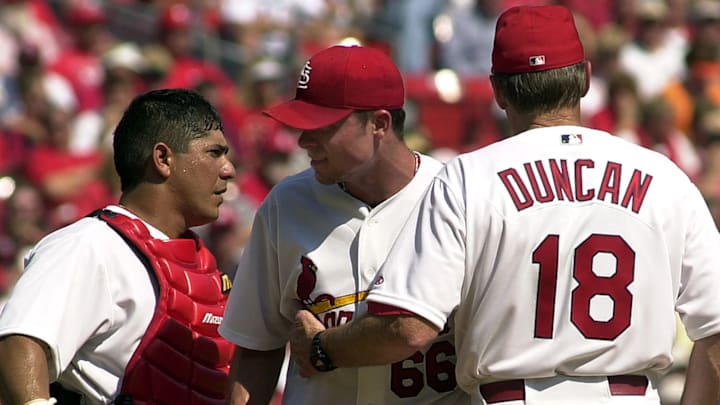 St. Louis Cardinals' rookie pitcher Rick Ankiel (C